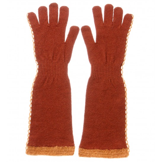 Cashmere Blend gloves with crochet decoration on the side and the bottom packaged in Signature box